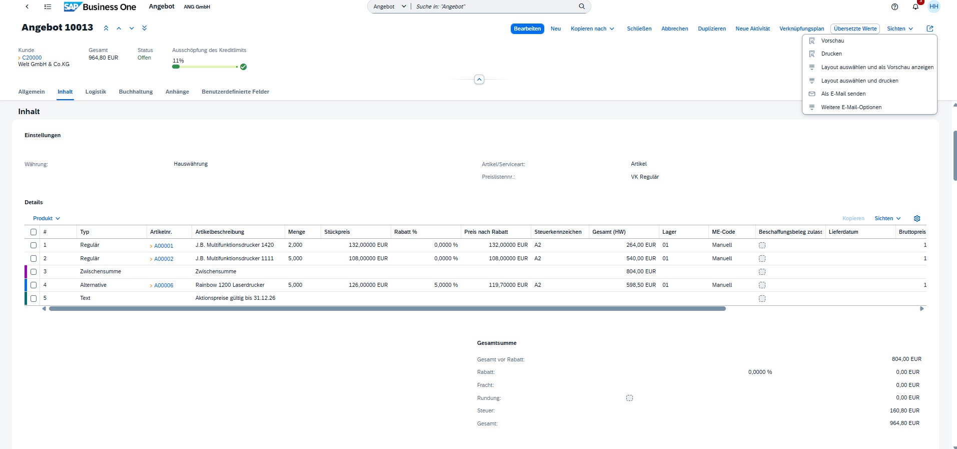Offer in the SAP Business One web client