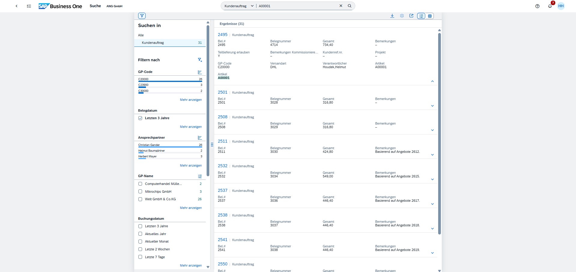 Enterprise Search im SAP Business One Webclient
