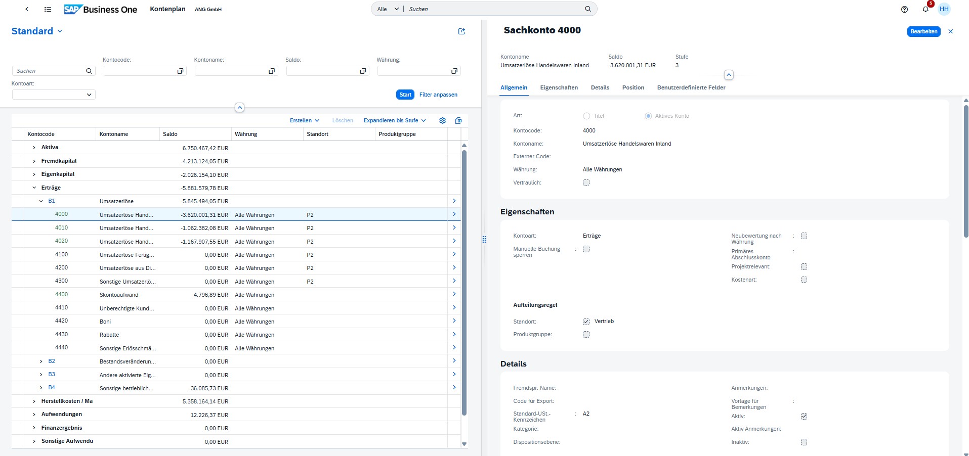 Kontenplan im SAP Business One Webclient
