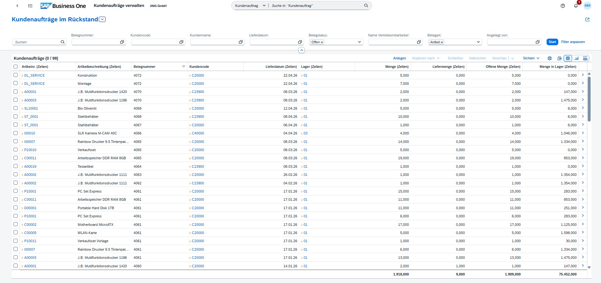 Sales orders with backlog in the SAP Business One web client